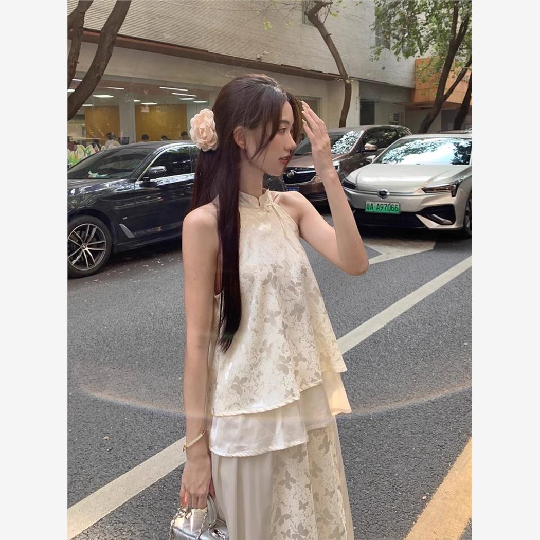 新中式国风旗袍清冷感禅意穿搭一整套挂脖上衣半身裙子套装女夏季