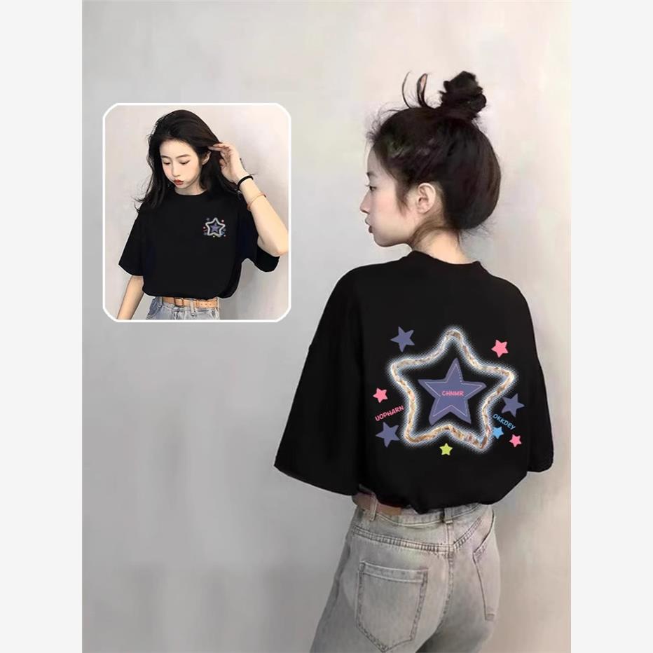大码黑色纯棉短袖t恤女2025新款夏季韩系设计感星星印花宽松上衣