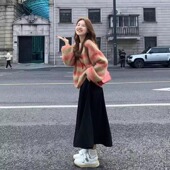 胖mm韩版 冬装 搭配一整套女2023新款 彩虹撞色宽松毛衣半身裙两件套