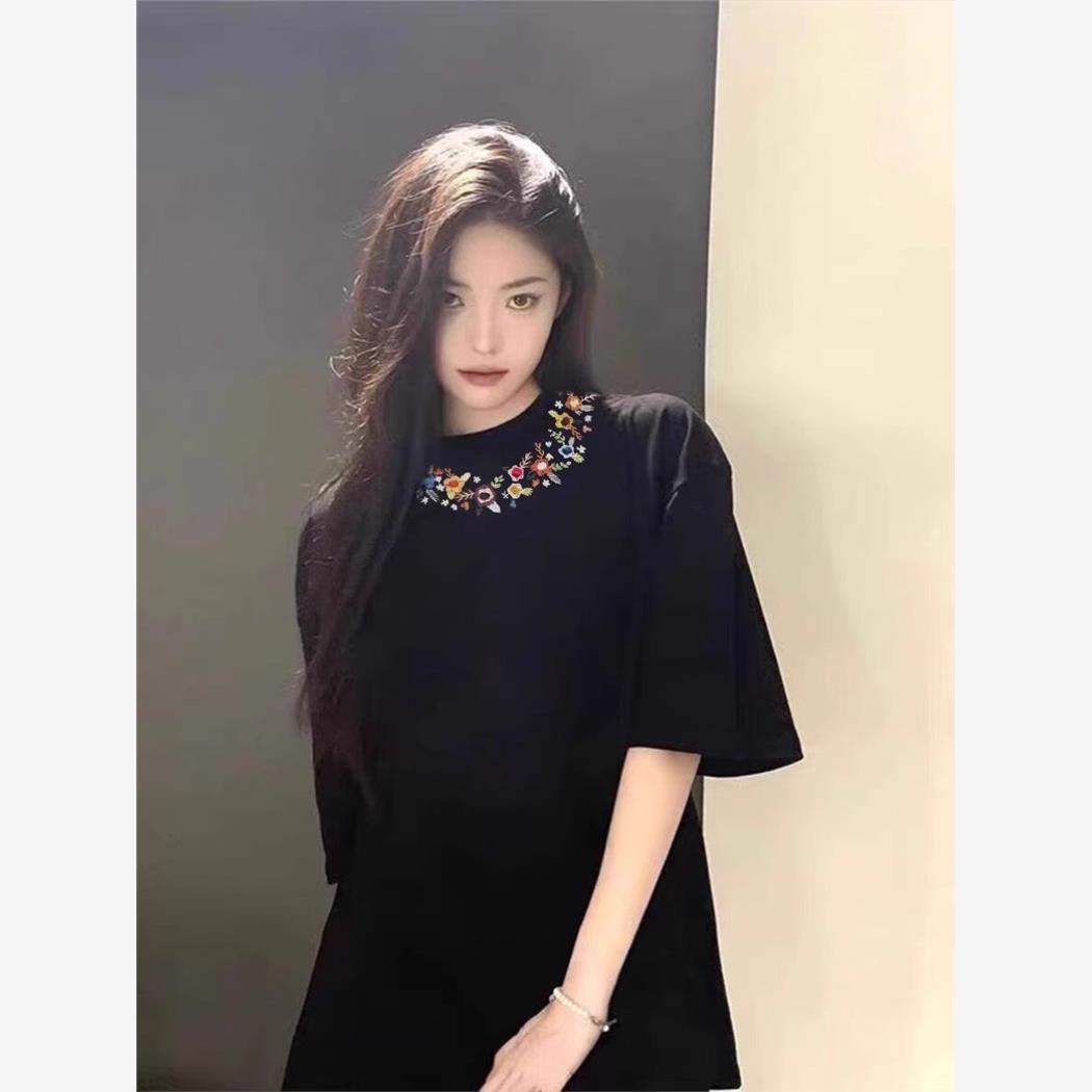 纯棉黑色短袖t恤女2025新款300斤夏季美式潮牌宽松半袖设计感上衣