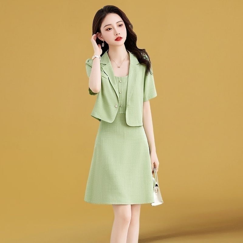名媛风职业套装裙女2025夏季新款气质高级感西装吊带连衣裙两件套