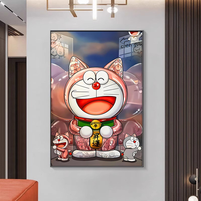 哆啦A梦客厅沙发落地画招财机器猫玄关装饰画开运升运太阳花挂画