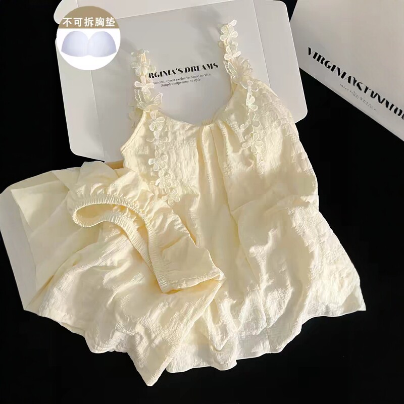 带胸垫睡衣女夏季新款云朵棉甜美杏色花朵吊带短裤夏天家居服套装