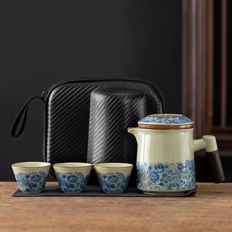汝窑泡茶快客杯茶水分离陶瓷杯马克杯中式功夫旅行茶具一壶三杯子