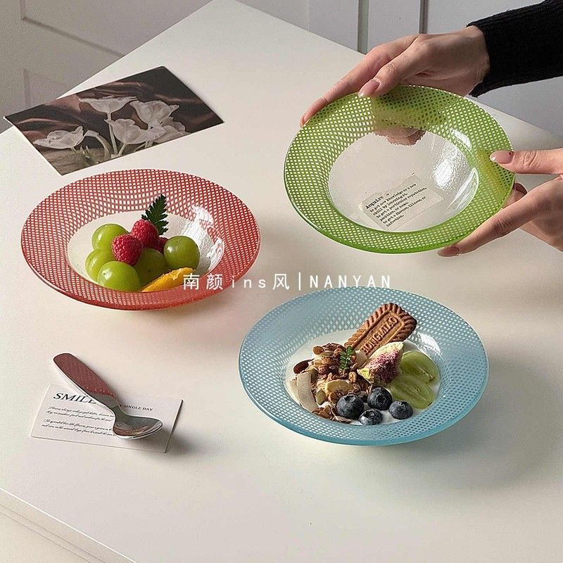 多巴胺格纹彩色圆形玻璃盘彩色装饰复古创意酸奶碗水果碗零食小碗