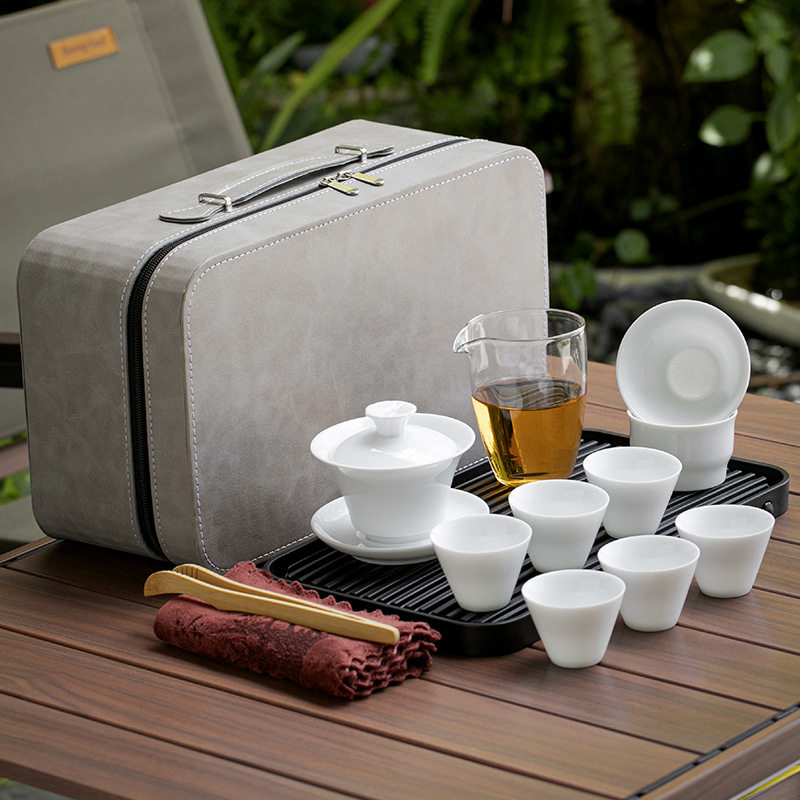 德化白瓷茶具套装盖碗一整套全瓷茶杯6只装套组带茶盘家用商务礼