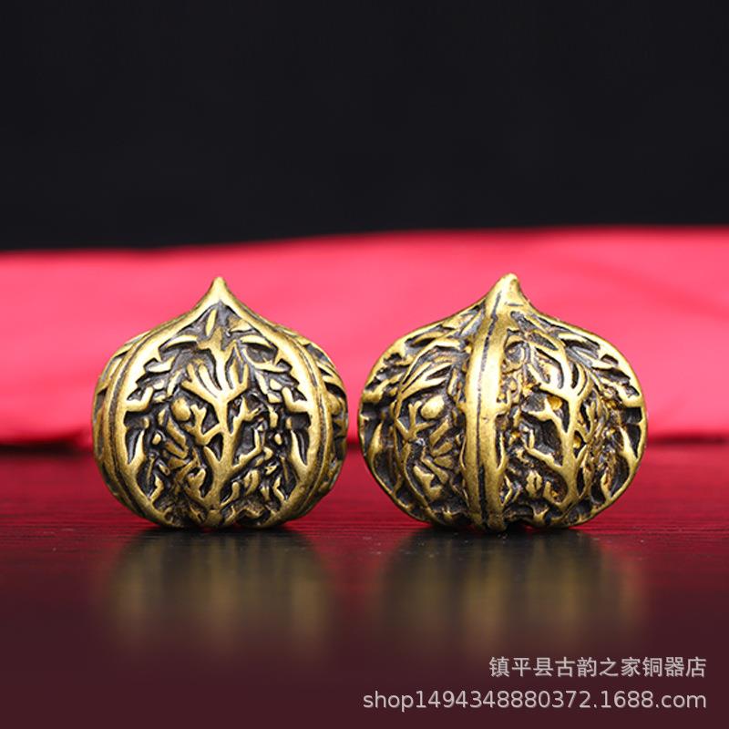 铜核桃摆件手把玩件实心铜核桃摆设纯铜工艺品一对家居客厅装饰