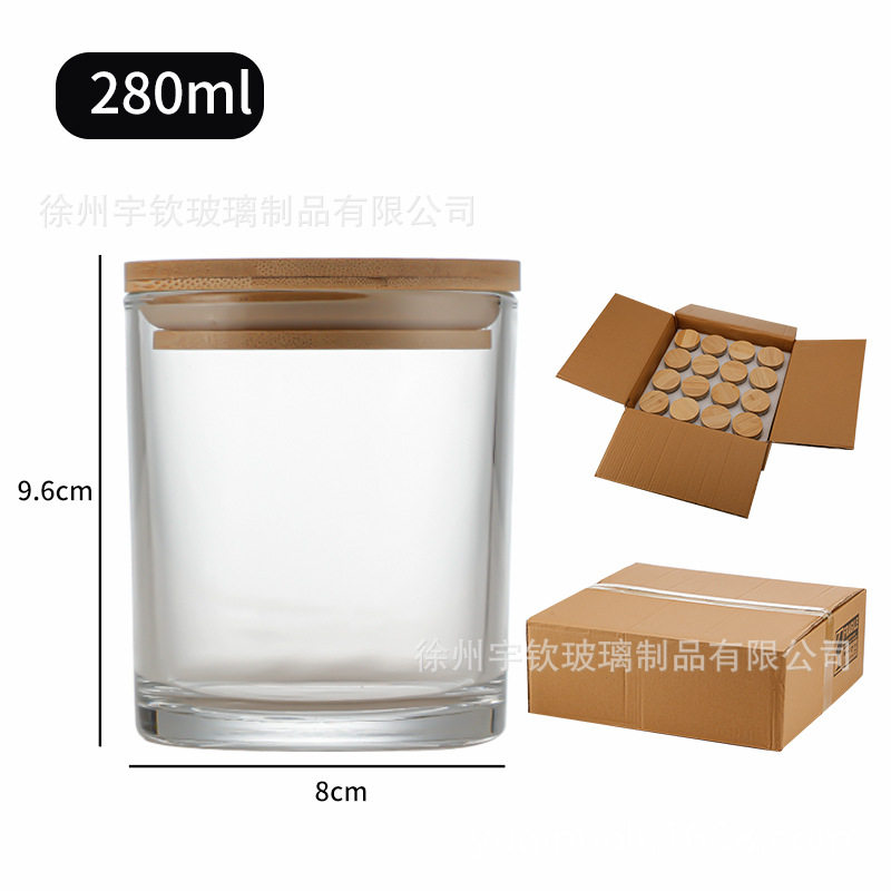 跨境批发280ml加厚透明玻璃蜡烛杯套装 简约带竹盖烛台大口玻璃罐