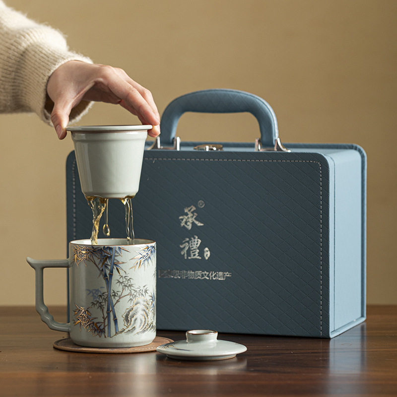承礼 汝窑中国风竹子茶杯陶瓷带盖过滤泡茶杯子商务家用水杯礼品