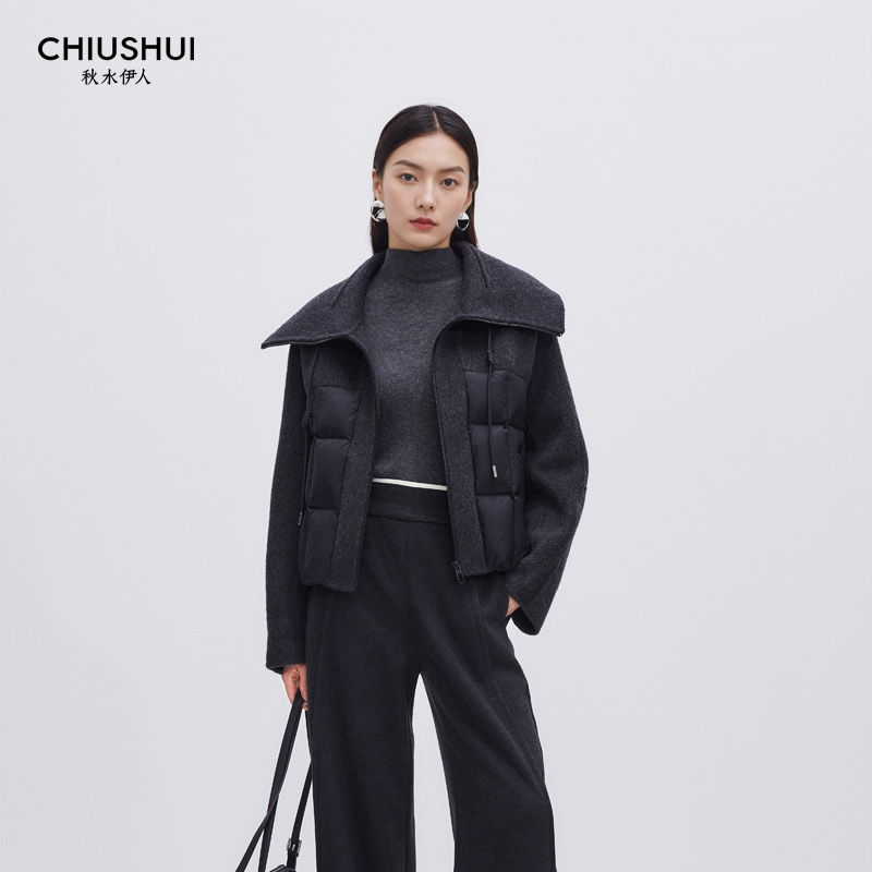 入淘宝群看折扣 秋水伊人专柜25冬双面呢拼接羽绒服15410bf152011