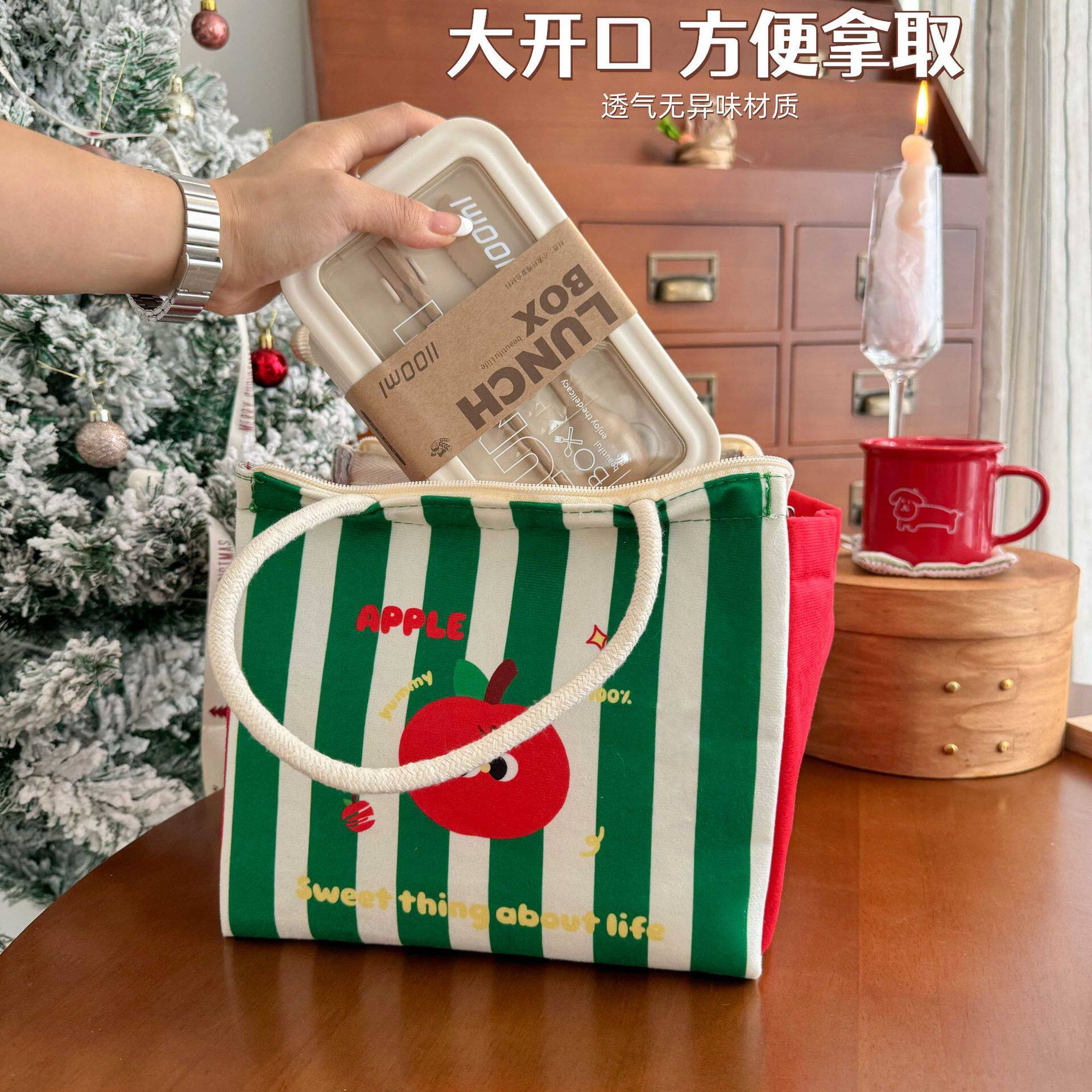 圣诞主题保温包新款大容量手提饭盒袋可爱餐具收纳包学生保温餐包