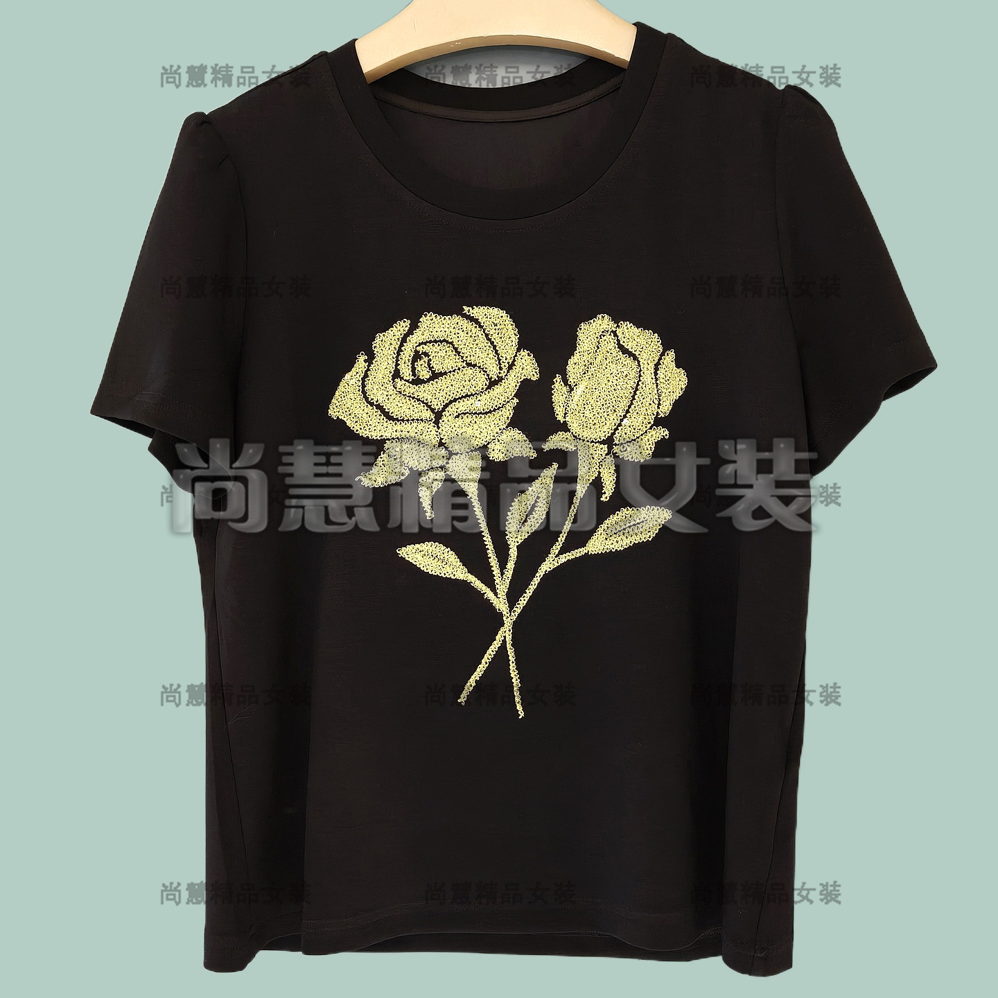 2026春夏新款女装7047A休闲玫瑰花刺绣短袖上衣T恤