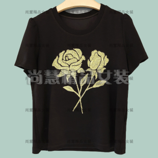 2026春夏新款女装7047A休闲玫瑰花刺绣短袖上衣T恤