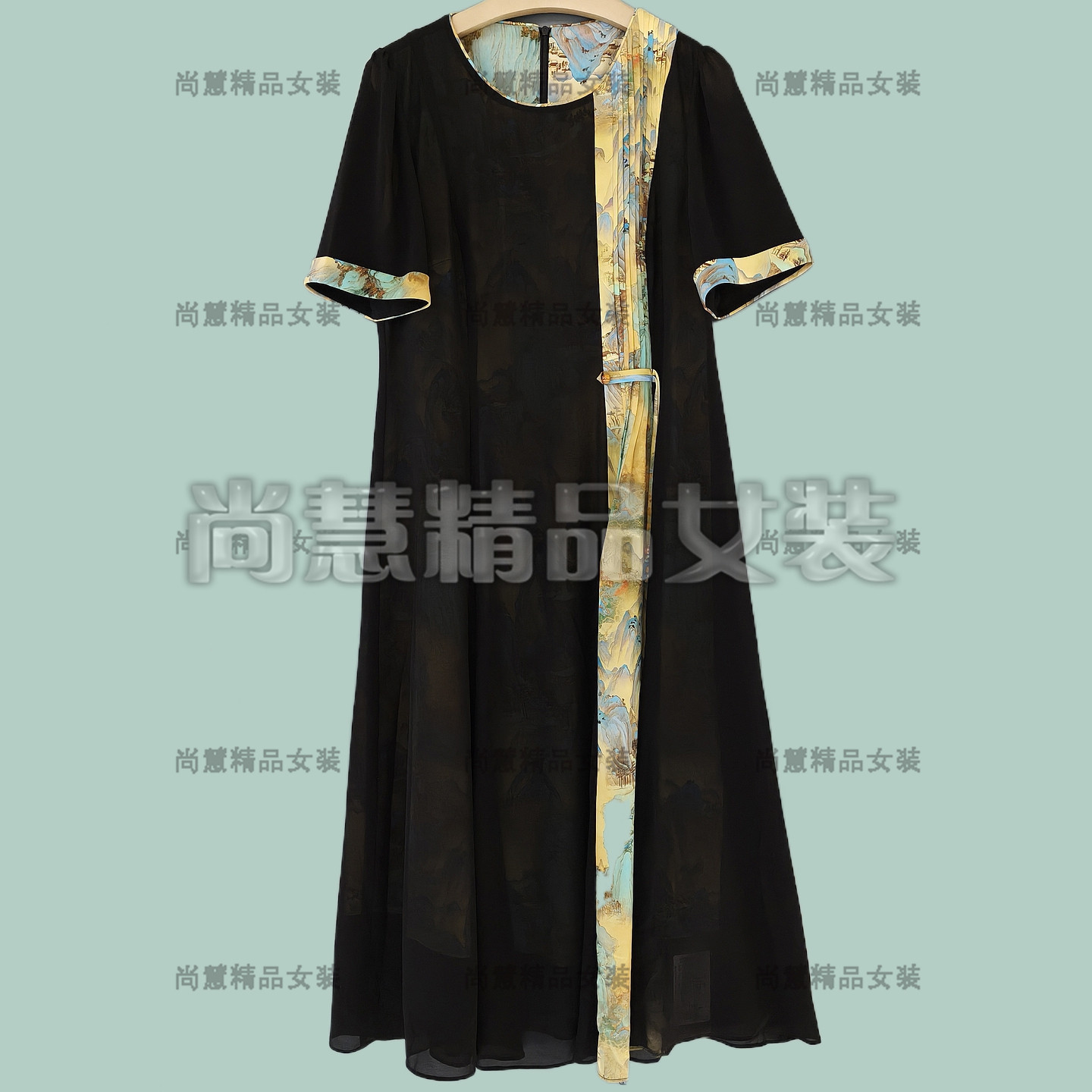 2026春夏新款女装7097D时尚国风山水印花拼接短袖连衣裙洋装
