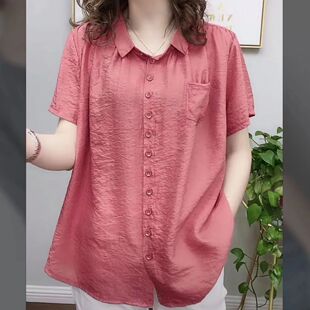 胖妈妈加肥加大码 开衫 衬衫 短袖 遮肚子上衣老年人女装 高档胖人女装