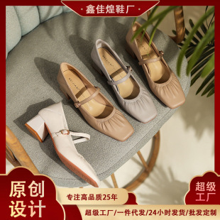 332-33 羊皮方头粗跟单鞋女中跟软皮奶奶鞋一字扣带玛丽珍鞋春秋