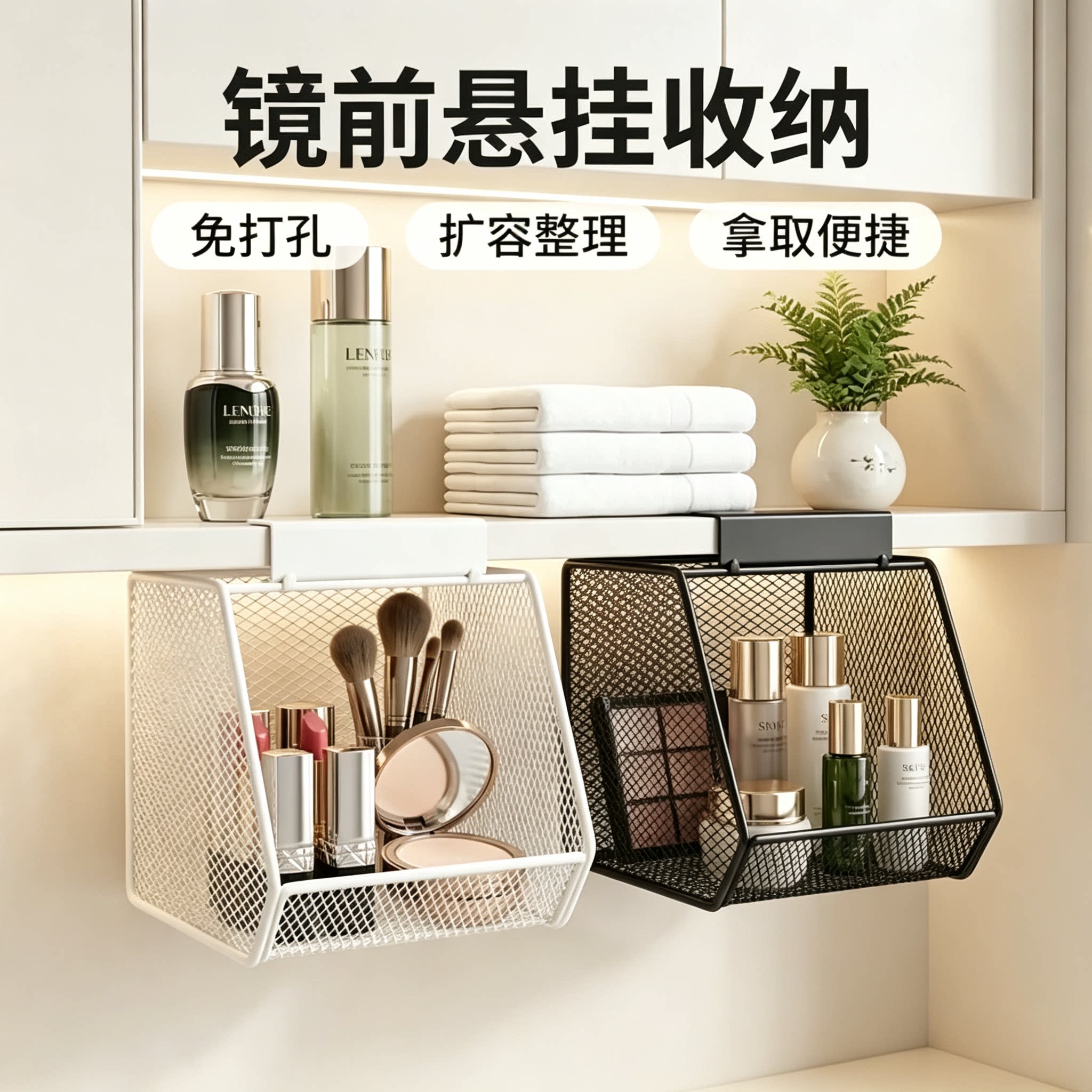 镜柜悬挂收纳筐卫生间浴室柜悬挂收纳置物架洗漱台化妆品整理架子