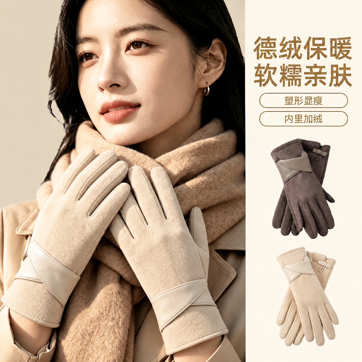 麂皮绒保暖手套女士冬季新款御寒防风骑行电动车触屏加绒加厚手套