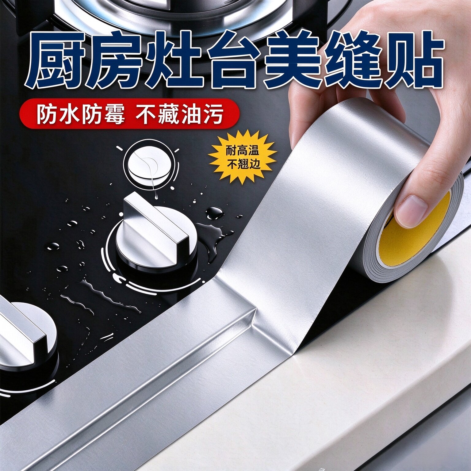 美缝贴厨房水槽防水贴灶台耐高温铝箔胶带水池挡水封边条密封防霉