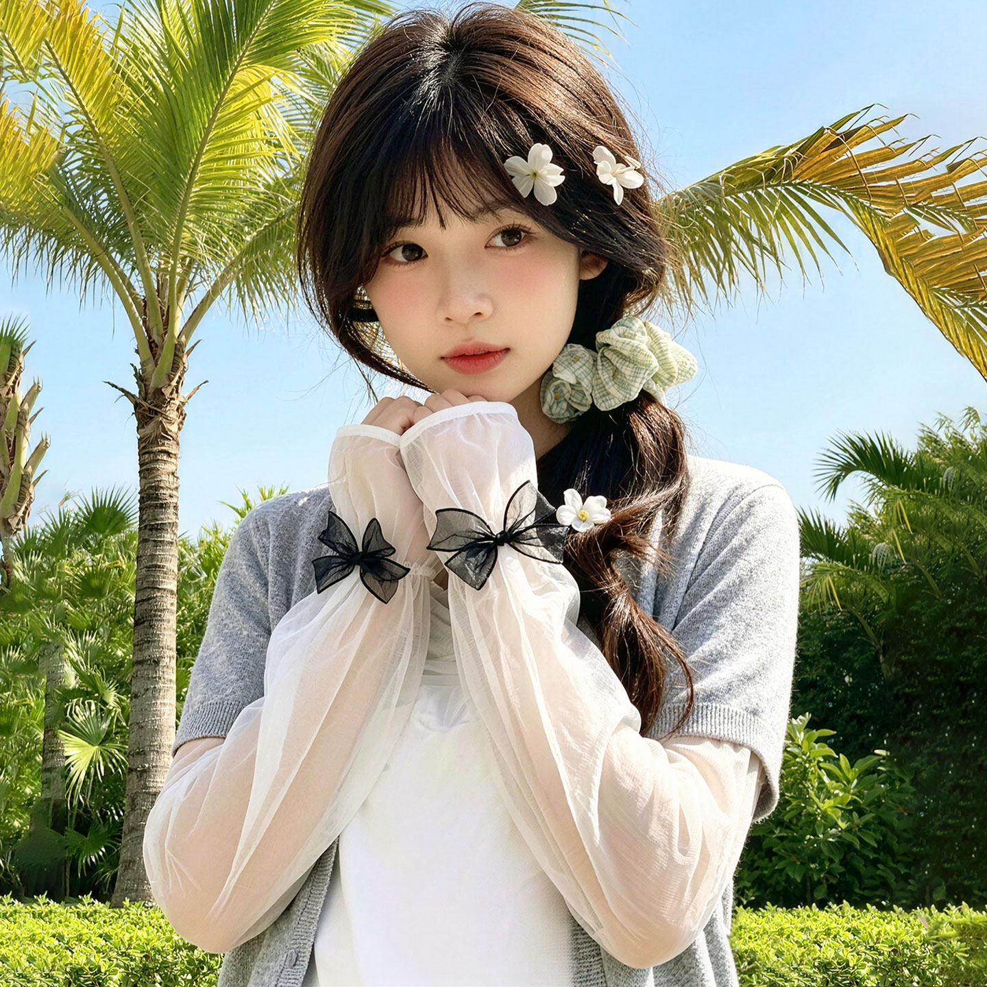 冰丝防晒袖套女2026新款蝴蝶结夏季手袖遮阳隔热手套宽仙女风冰袖