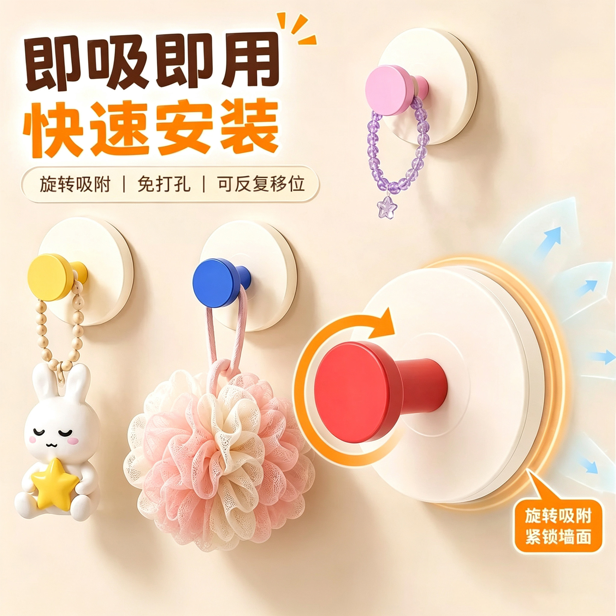 多巴胺吸盘挂钩玄关挂钩承重力强粘胶免打孔入户门口放钥匙神器图片