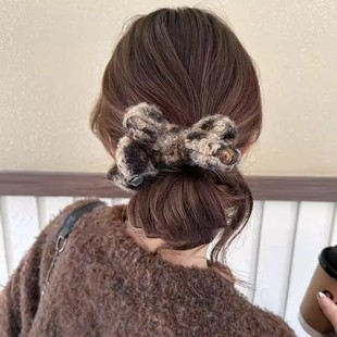 秋冬毛绒豹纹丸子头抓夹女毛毛蝴蝶结高马尾盘发固定神器发夹头饰