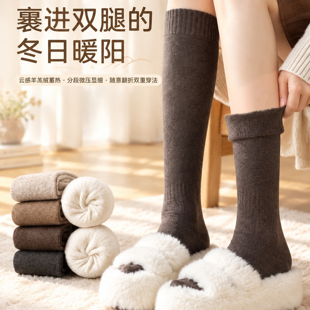 小腿袜女秋冬加绒中筒袜加厚保暖防滑及膝长袜压力百搭毛圈袜灰色