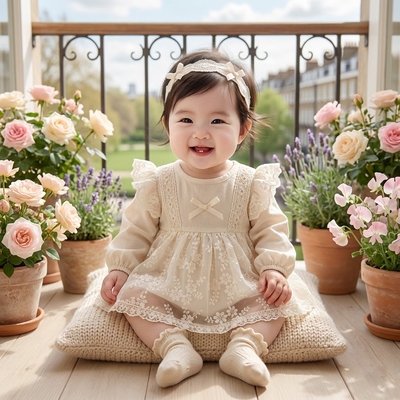 婴儿公主风服装新生儿衣服蕾丝春秋连体衣长袖包屁衣女宝宝爬服