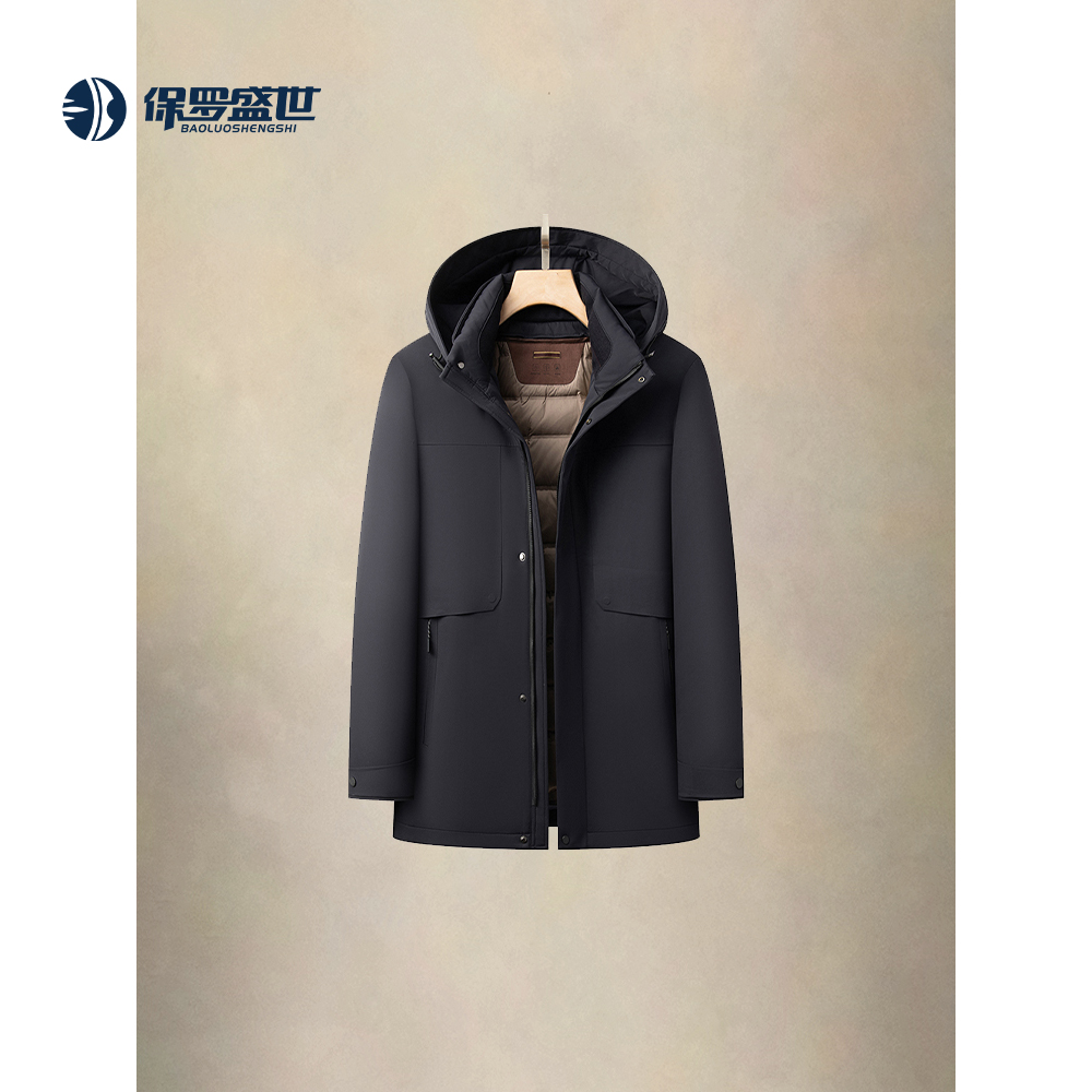 8077保罗盛世商务羽绒服男中长款连帽加厚保暖外套黑色