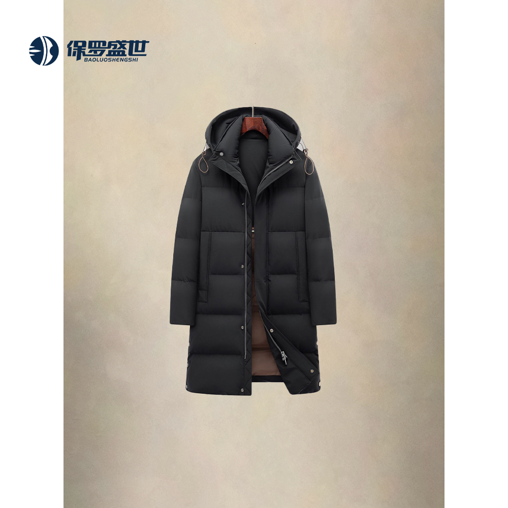 5096保罗盛世长款羽绒服男冬季加厚连帽保暖黑色大衣外套