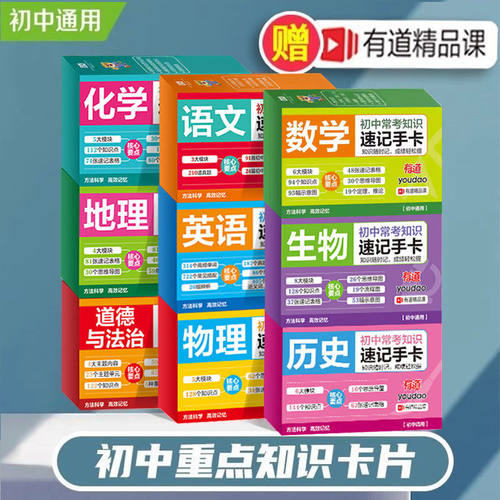 初中九科知识点速记手卡语文数学英语物理化学生物地理历史政治常考知识重难点速查速记忆卡片初一二三小四门必背人考点及公式教版