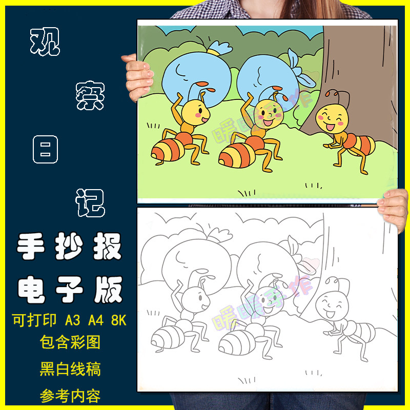 蚂蚁搬家儿童画手抄报模板小学生语文配图观察动物蚂蚁搬家简笔画
