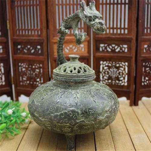 新款渼古玩杂项黄铜器仿古工艺品仿青黄铜龙香炉 黄铜熏香炉摆件