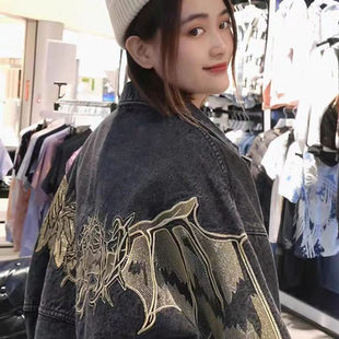 休闲百搭宽松情侣水洗牛仔衫 boy春秋新品 金丝刺绣老鹰男女同款