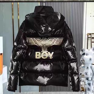 时尚 男女同款 休闲烫金老鹰免洗亮面帽脱卸情侣羽绒服 新品 boy冬季