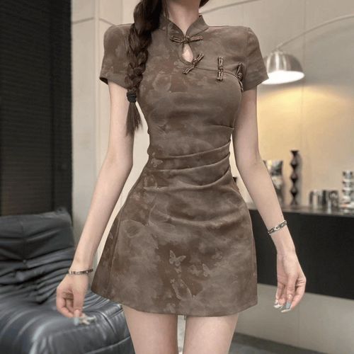 Short Tight Fold Hip Wrap Dress New Chinese Style Improved C