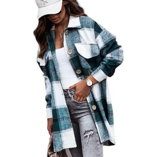 Shirt Casual Jacket Oversized Clothin MidLength Womens Plaid