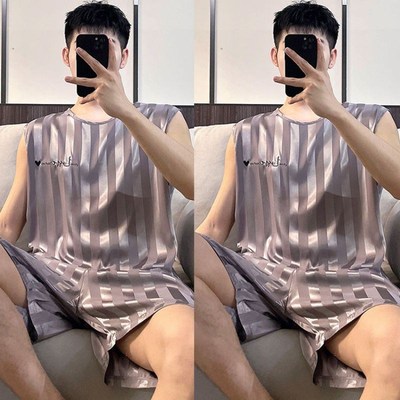 Summer Ice Silk Pajamas Set for Men 2025 Large Size No Sleev