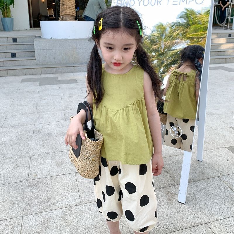 Girls Summer Outfit Sleeveless Top Dot Lantern Pants 2Piece