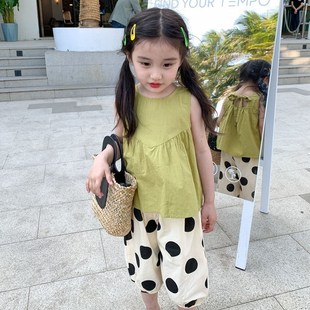 Girls Summer Outfit Sleeveless Top Dot Lantern Pants 2Piece