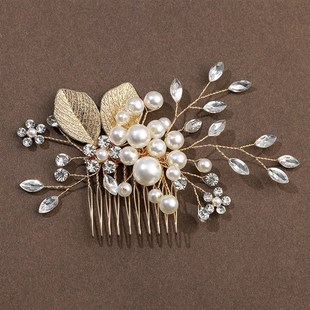 Comb with Alloy Leaf Flower Beaded Rhinestones Girl Handmade