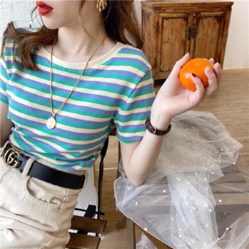 Striped Tee Shirt Women 2025 Summer Fashion Tops Student Bas