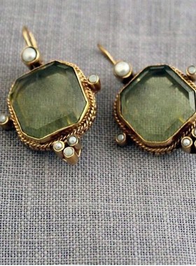 Hexagon Green Crystal Copper Earring MidAutumn Fashion Commu