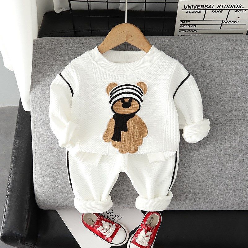 Childrens Clothing Set Boys Girls Bear Texture Hoodie Solid