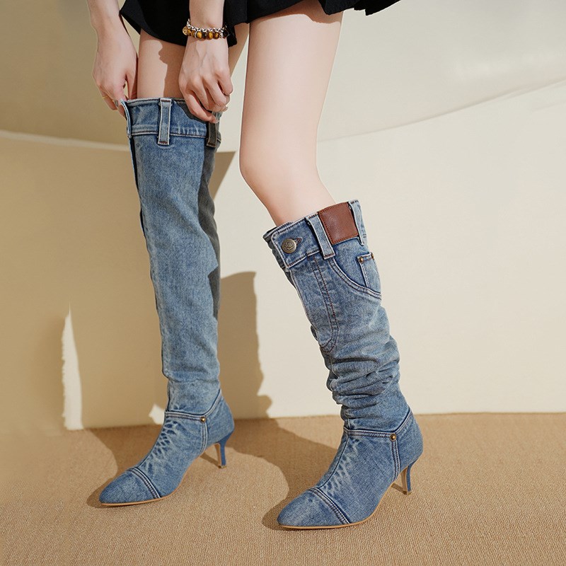Fall Winter EuroAmerican Style Pointed MidHeel Cowboy Boots