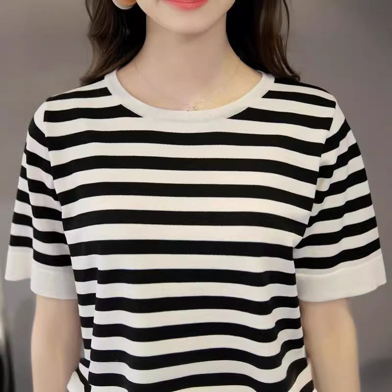 2025 Summer Womens Casual Oversized Top Black and White Stri