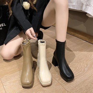 White Ankle Boots Women 2025 FW High Heels Slim Boots Chunky