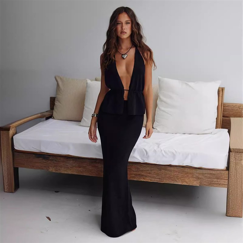 24 Summer European Womens Sexy Lowcut Backless Sleeveless Ve