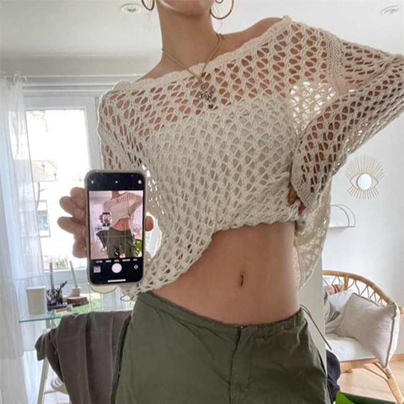 Sexy Mesh Hollowout Sweatshirt 2025 Europe America Style Sli