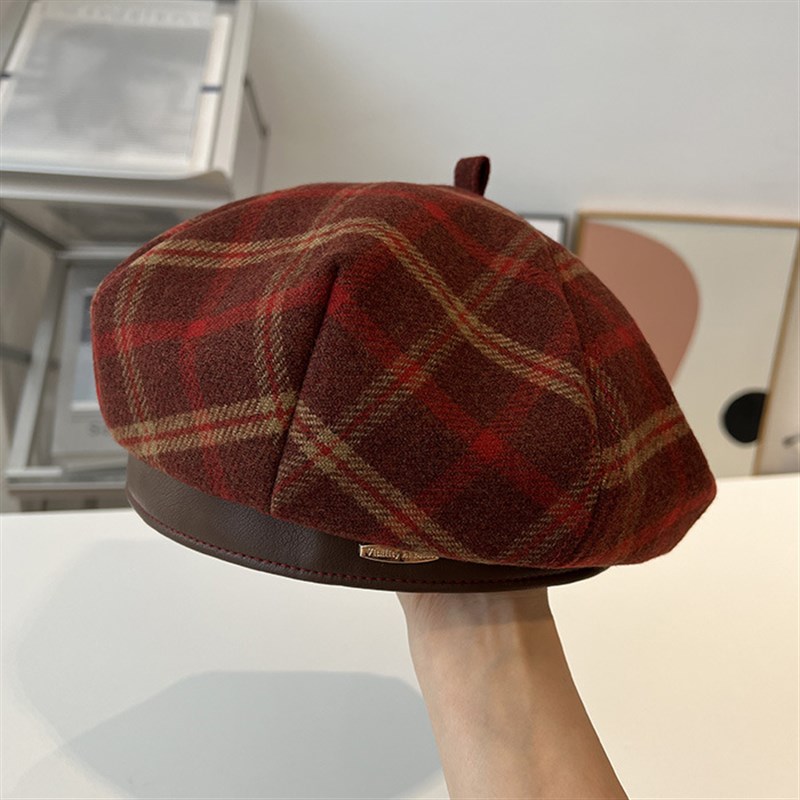 Beret Hat Women Autumn Winter British Retro Plaid Cute Artis